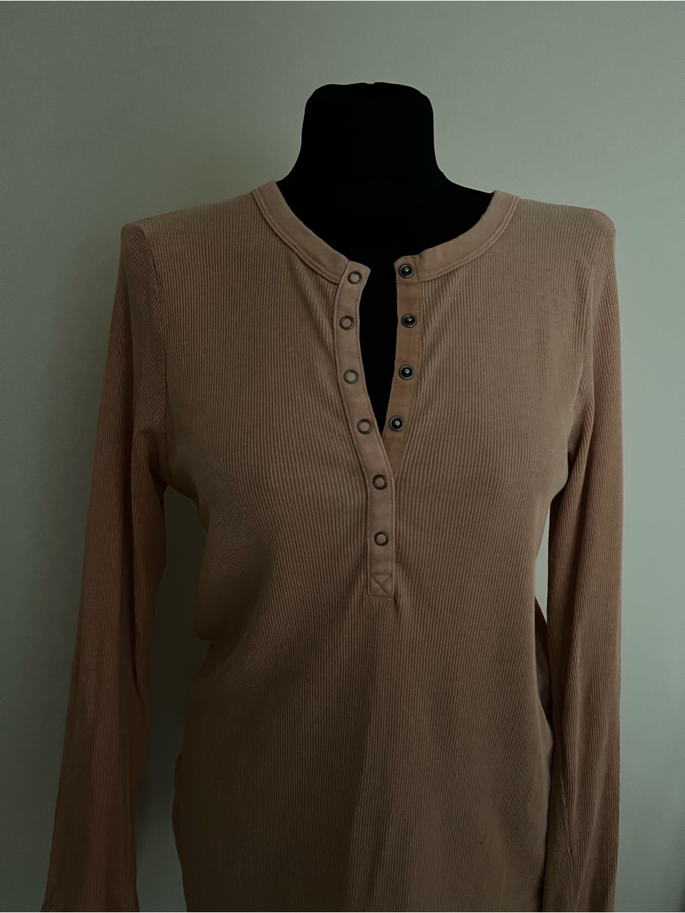 Aerie Long Sleeve Ribbed Henley Top - Taupe - Picture 1 of 6